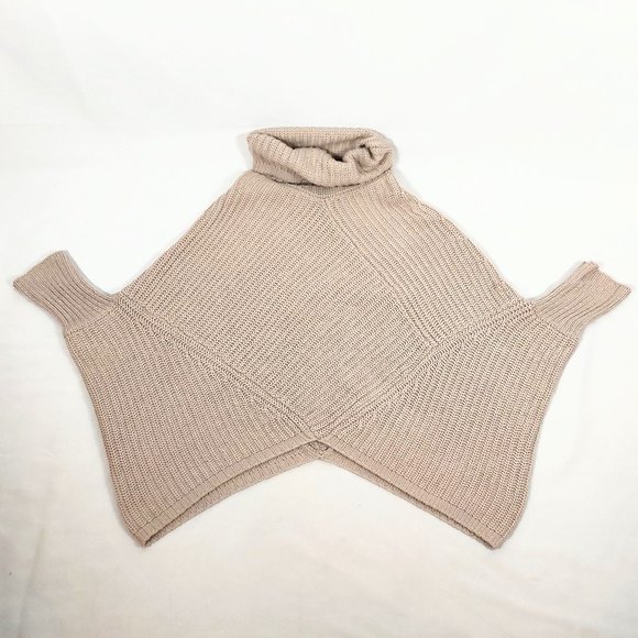 Chelsea & Theodore Ribbed Asymmetrical Cowl Neck Beige Sweater - Picture 9 of 12